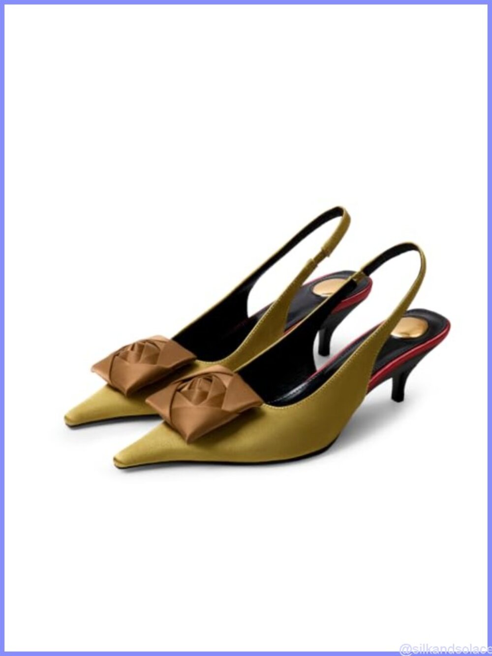 Satin Pointed Toe Slingback Kitten Heels Gold-Tone Demi-Wedge Pumps